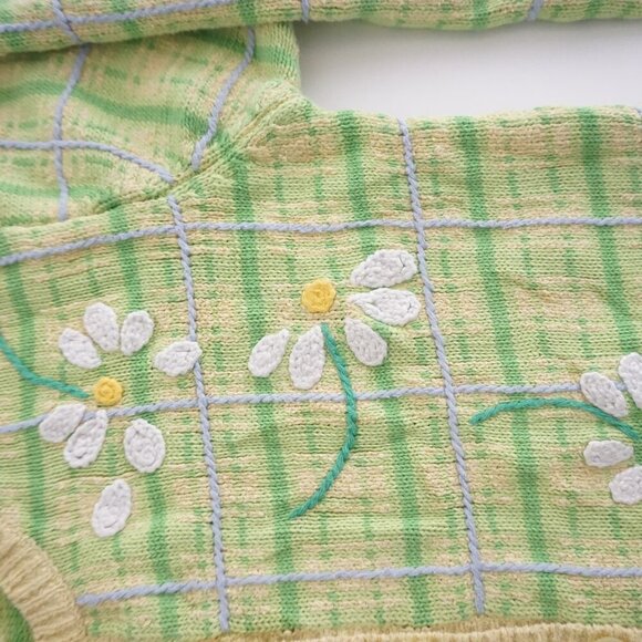 Talbots Petites Green Knit Yellow Checkered Embroidered Daisy Button Cardigan P - Picture 10 of 11